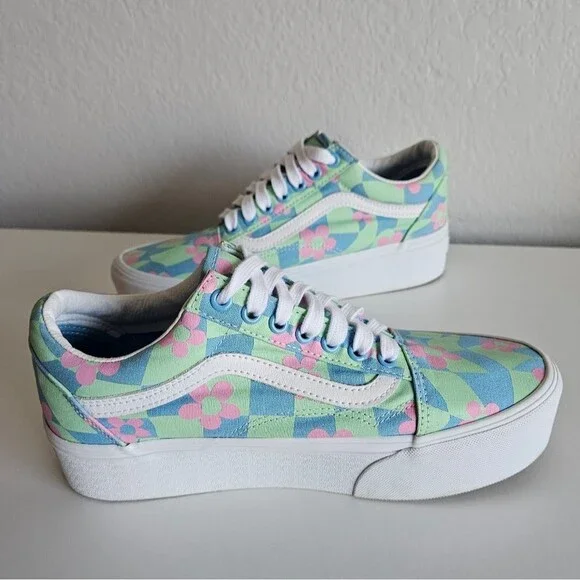 Vans | Old Skool Stacked Checkered Floral Blue Platform Shoes, Womens 9 - Picture 6 of 11